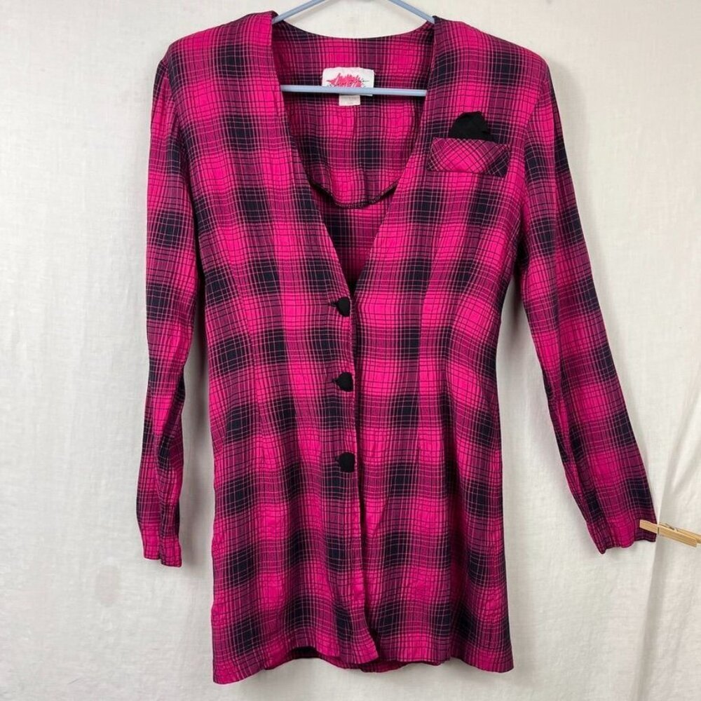 Vintage 90s Plaid Longline Blazer‎ Womens S Deep V Crinkle Gauze Funky 80s Pink